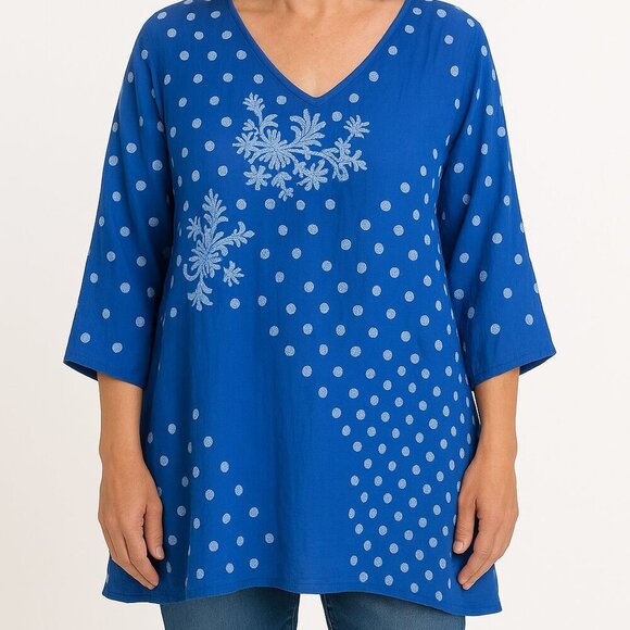 Johnny Was 3/4 Sleeve Rion Soleil Embroidered Polka Dot Lagenlook Tunic Blue M - Picture 1 of 12